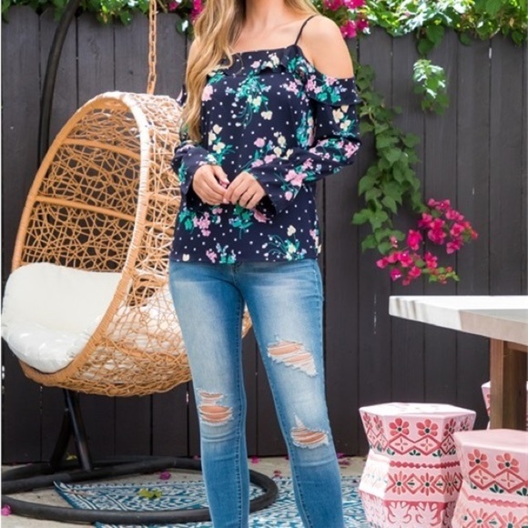 NEW COLD OFF SHOULDER POLKA DOT RUFFLE DETAIL SPAGHETTI‎ STRAP FLORAL NAVY TOP - Picture 6 of 10